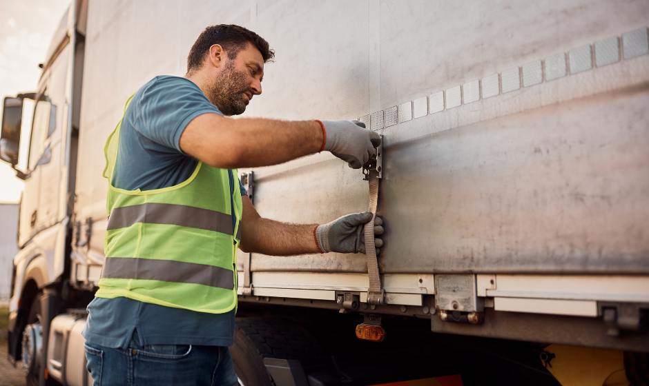 A truck driver secures tarp on the side of a trailer